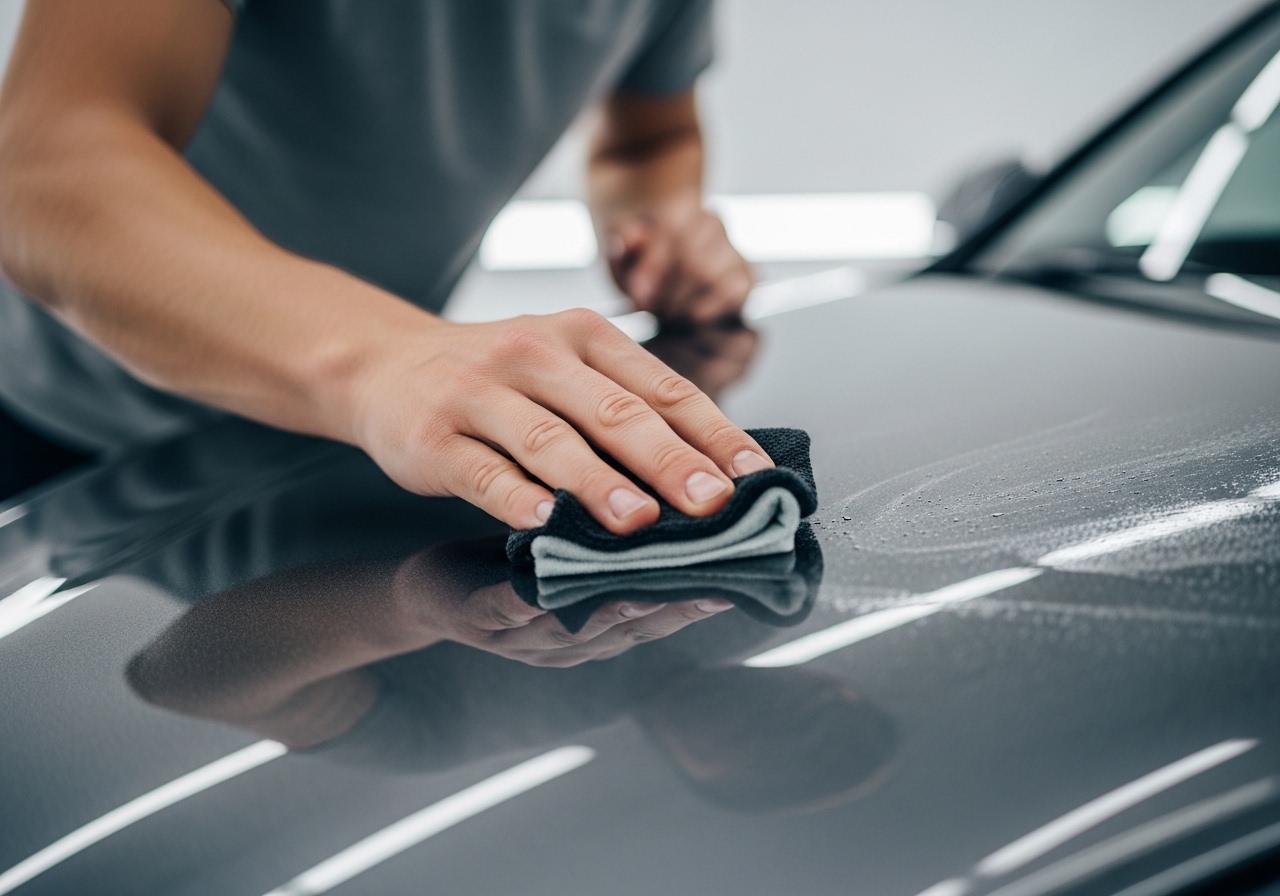 a man applying ceramic coating on car bonnet