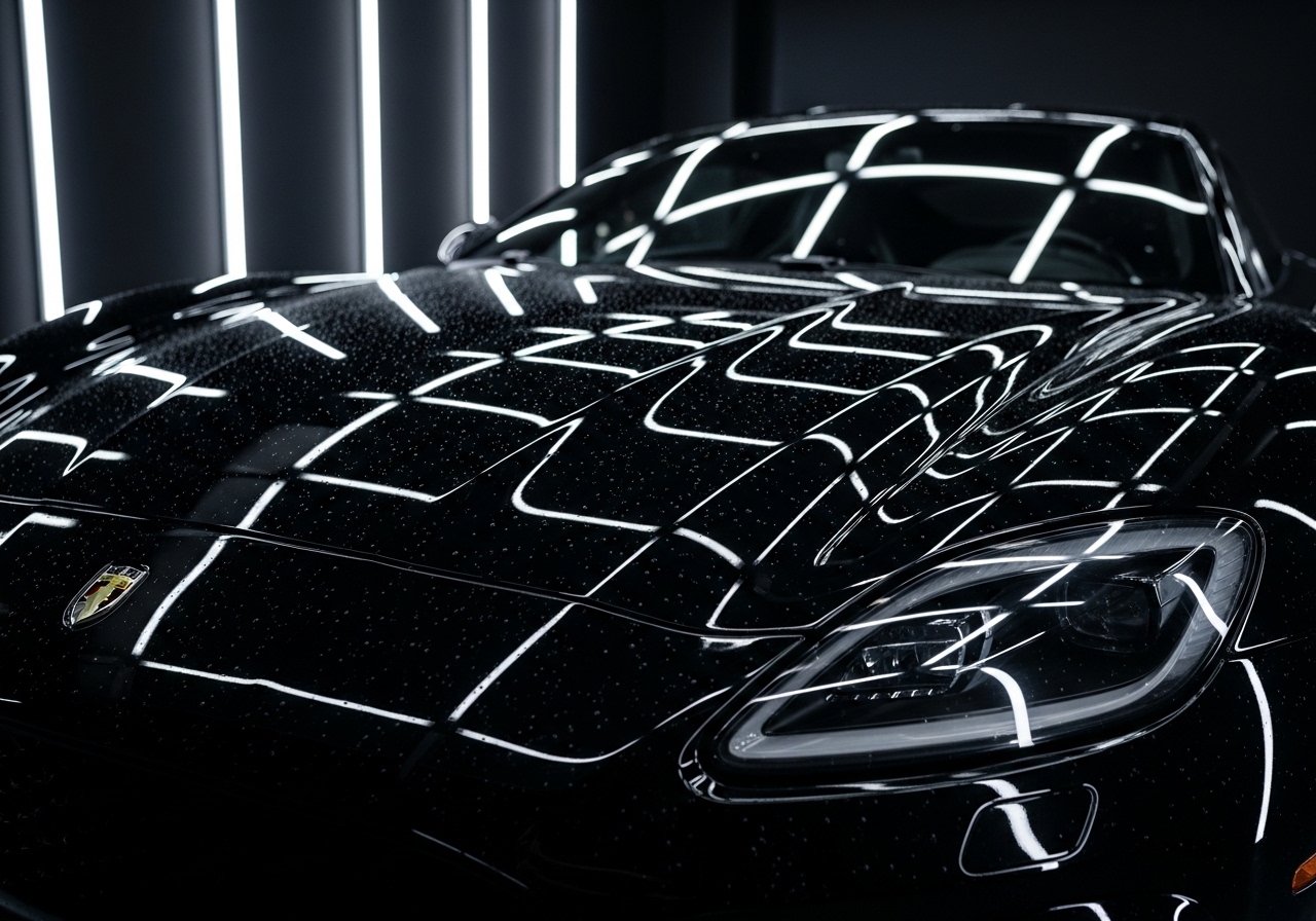A stunning ultra-luxury black sports car inside a dark high-end detailing studio, illuminated by sharp white LED strip lights reflecting perfectly across the body, paint surface looks like liquid glass with extreme mirror reflections, hyper-detailed water droplets forming perfect beads on the coated surface, camera angle low and dramatic, shallow depth of field, background softly blurred, ultra-realistic, cinematic contrast, 8K, glossy perfection, rich shadows, no humans, no face, no text