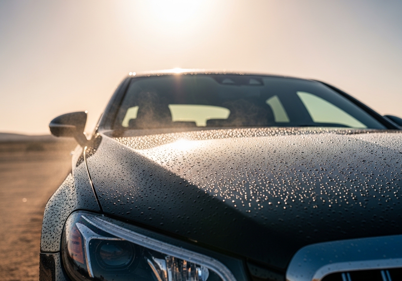 A sleek black luxury car parked under intense desert sunlight, extreme heat waves visible in the air, blazing sun overhead, the car’s surface showing a deep glossy graphene-coated finish resisting heat, sharp reflections on paint, water droplets beading tightly despite the heat, surrounding environment dry and dusty, dramatic contrast between harsh climate and flawless car surface, cinematic lighting, ultra-realistic, 8K detail, no people, no face, no text