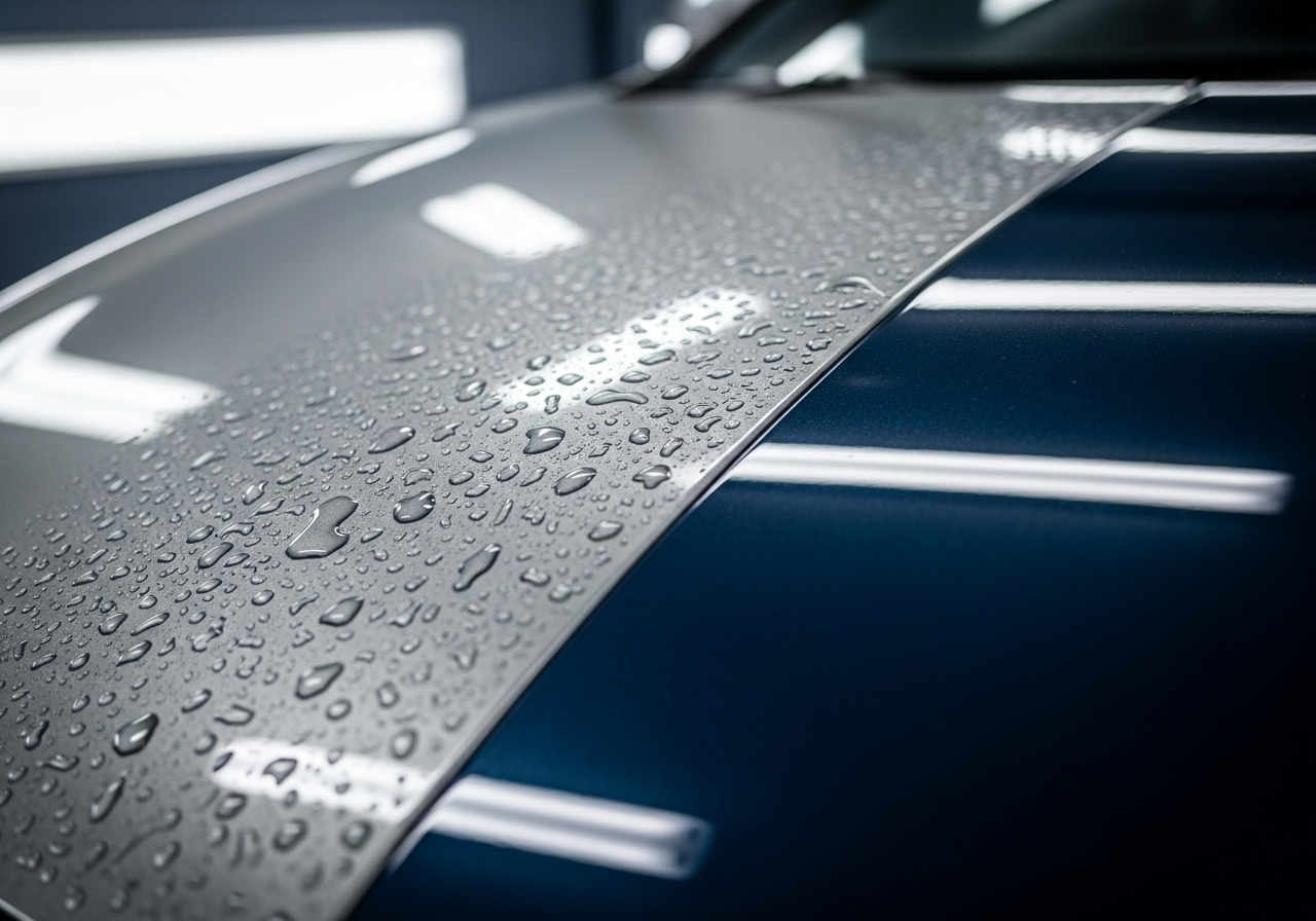 A cinematic close-up of a car surface under bright inspection lights, showing water behavior as the key focus — uneven water patches and light water spots on one area indicating weakened coating, while another area shows tight glossy water beading, subtle contrast on the same panel, deep reflections on paint, professional detailing environment, moody lighting with sharp highlights, hyper-realistic, 8K detail, focus on surface condition and shine difference, no people, no face, no text